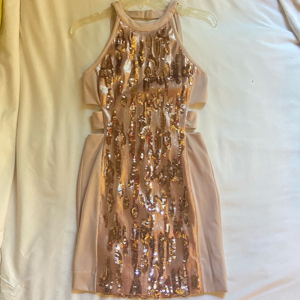 Blush/Rose Gold cocktail dress with cutouts